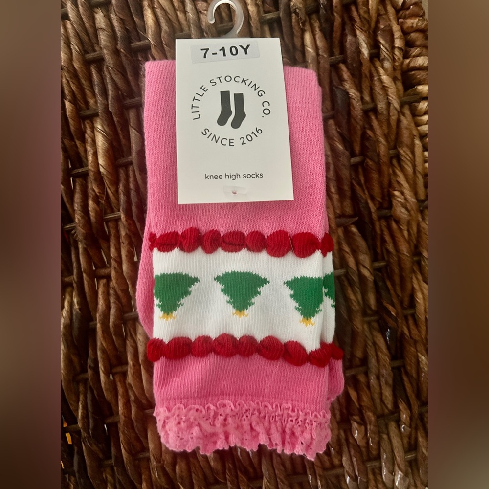 Little Stocking Co. Pink Tree Lace Top Knee High Socks